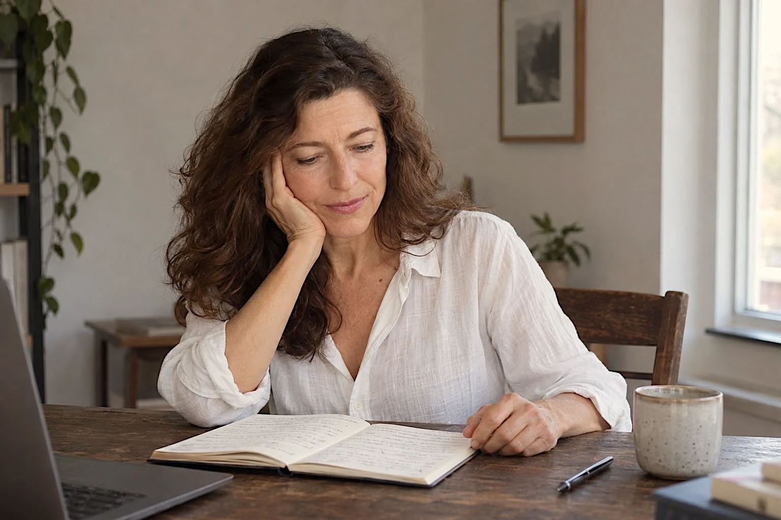 Ahna reflecting over an open notebook at her desk