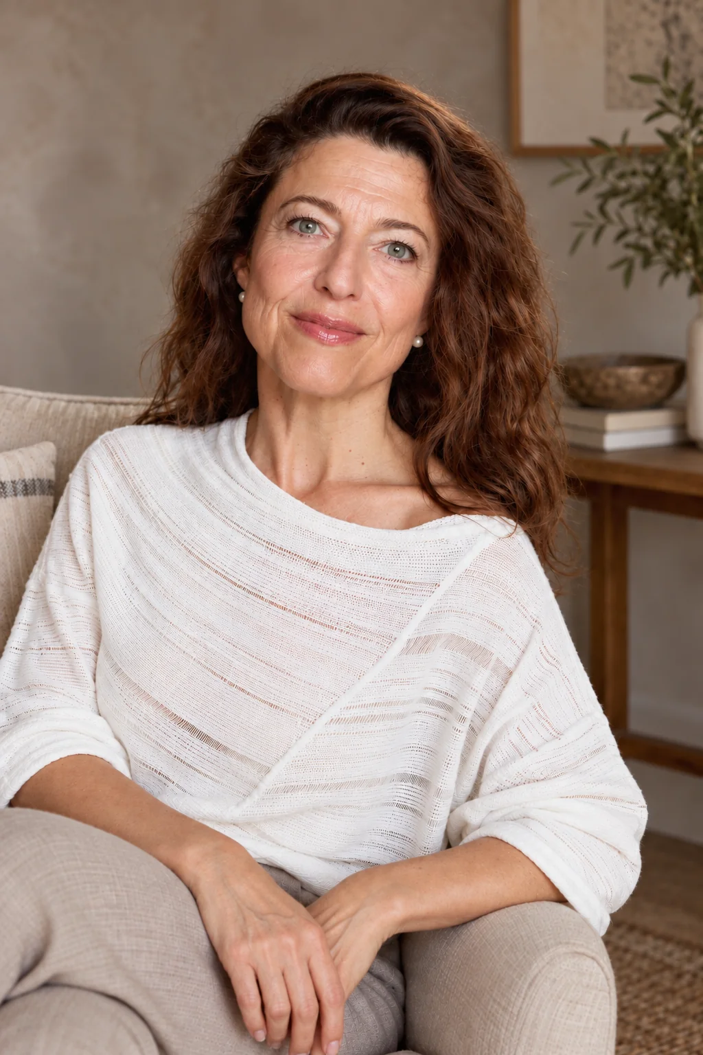 Ahna de Vena seated on a sofa, wearing a white top and looking warmly towards the camera