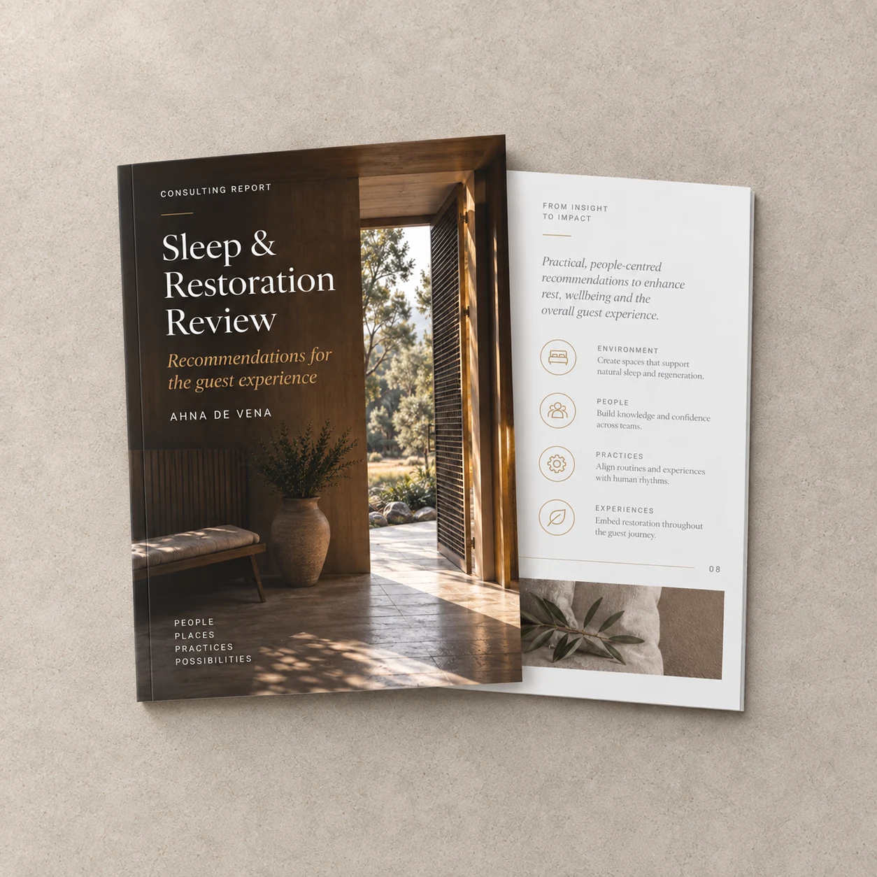 Sleep & Restoration Review report concept on warm stone, showing recommendations across environments, people, practices and experiences.