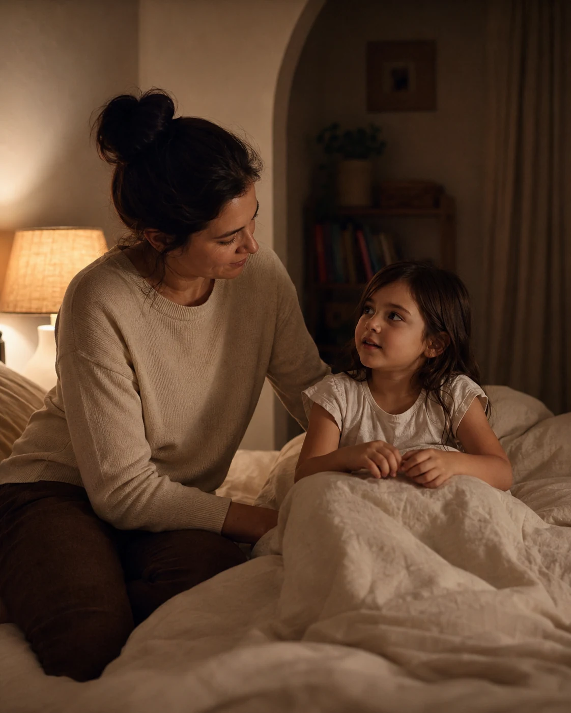 A parent listening to her child as they sit together at bedtime
