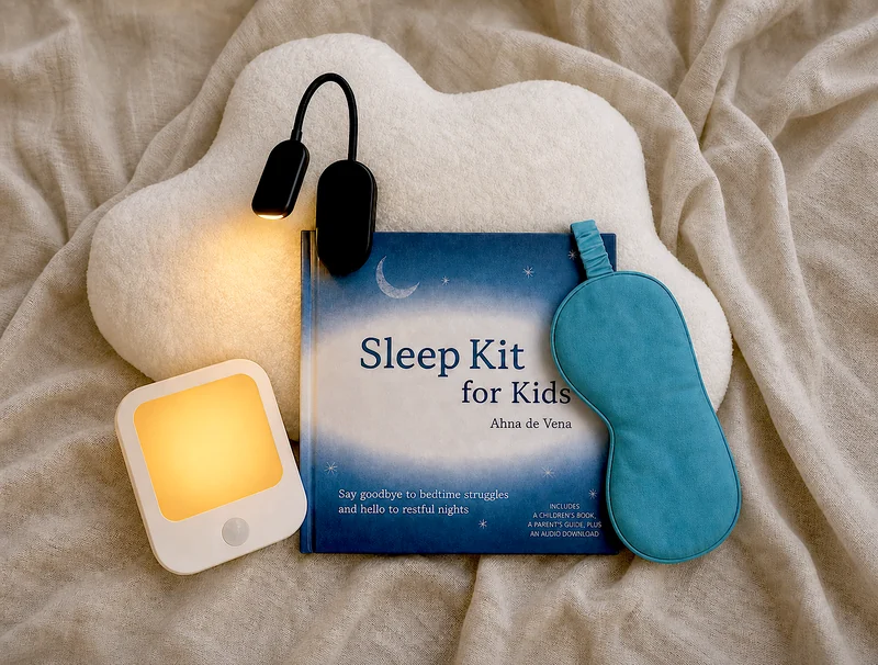 Sleep-pack resources on soft fabric: a cloud cushion, Sleep Kit for Kids, a blue eye mask and two amber lights