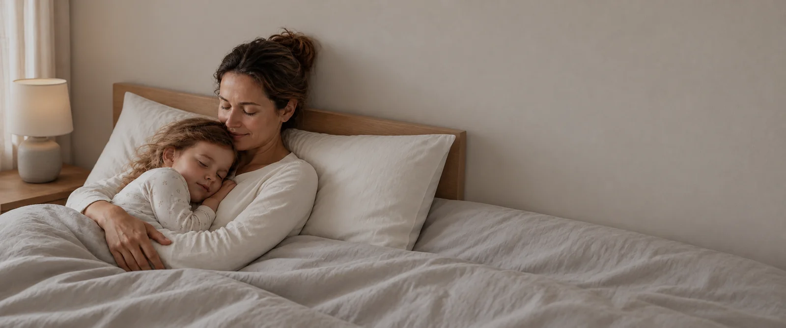 A mother holding her sleeping child beneath soft bedding