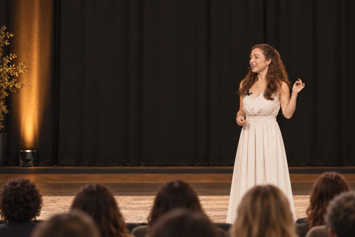 Ahna speaking on stage, with audience members in the foreground