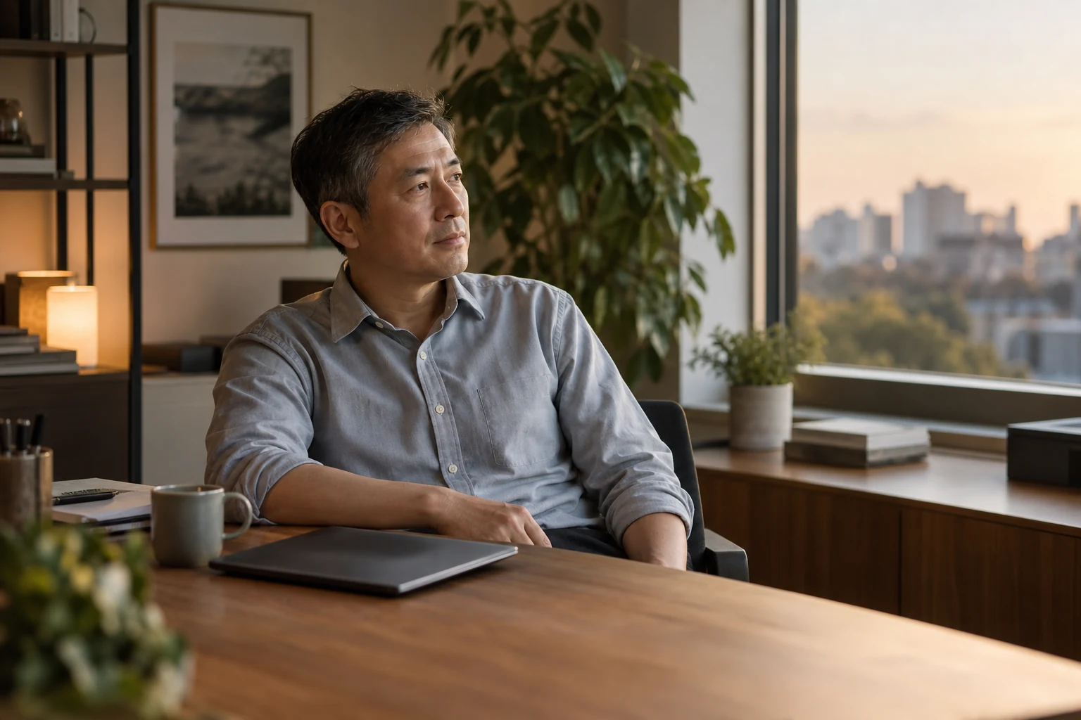 A man pausing at his desk beside a closed laptop, looking towards the window