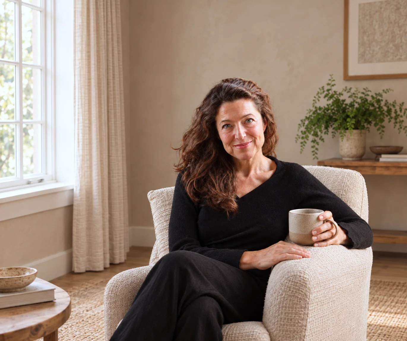 Ahna de Vena seated beside a sunlit window, smiling warmly and holding a ceramic mug