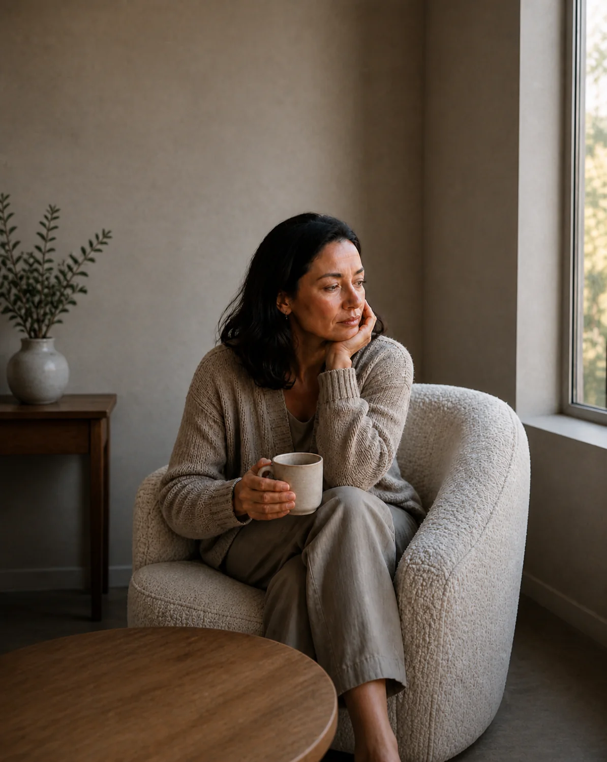 A thoughtful adult sitting quietly by a window in soft morning light after a difficult night