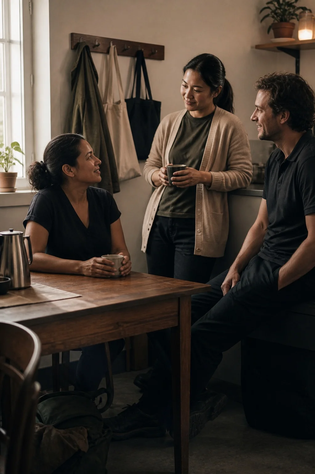 Three public-facing colleagues sharing a quiet moment of connection and recovery