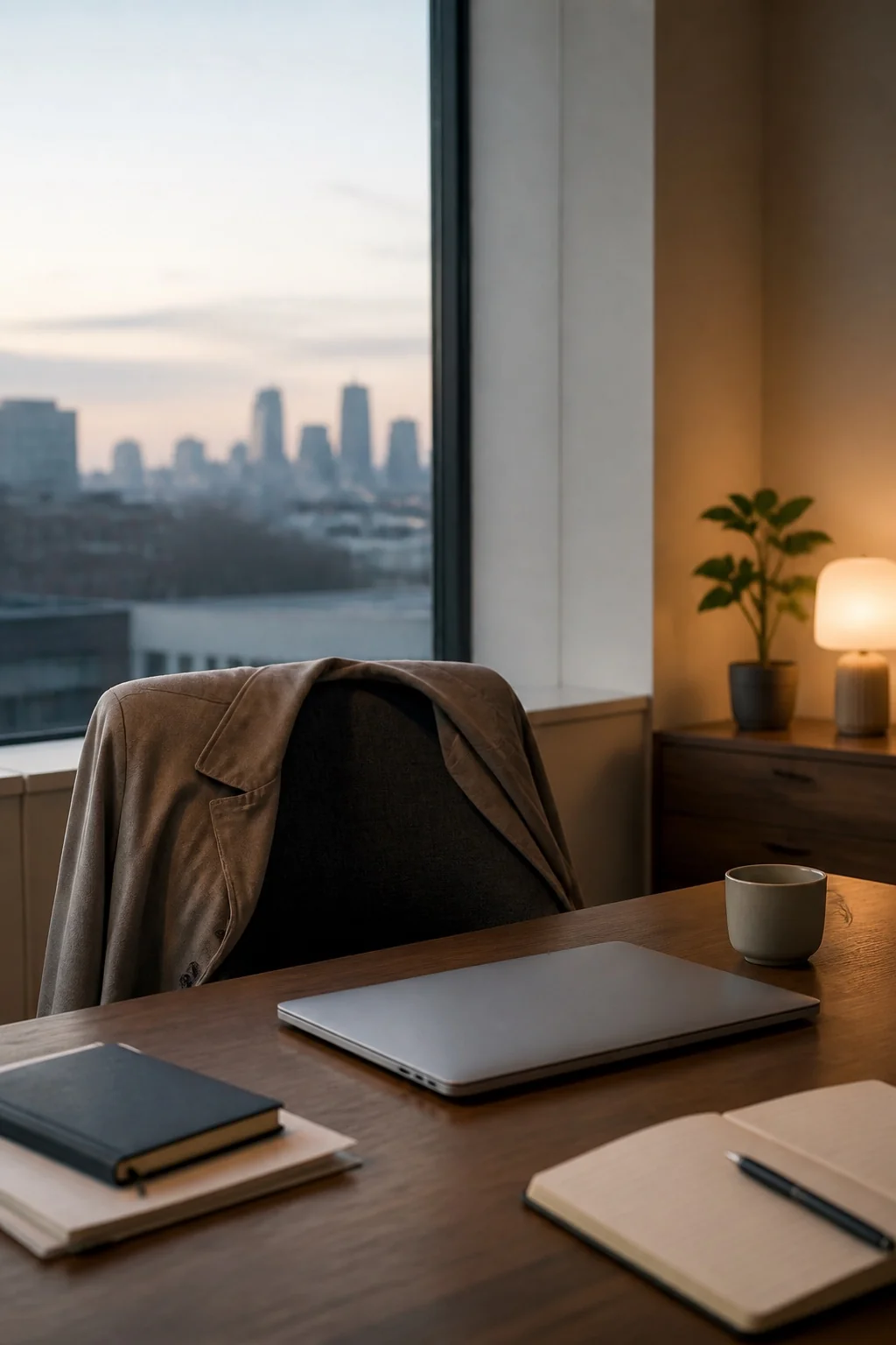A quiet office at dawn with a coat on the chair and a closed laptop ready for the working day