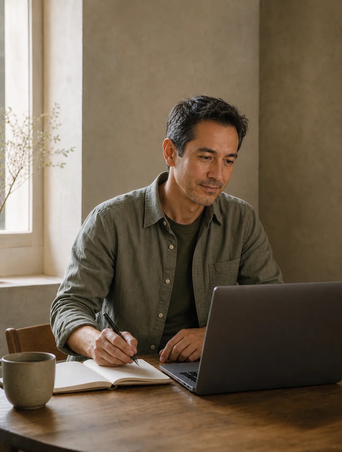 A man taking notes while completing an online professional learning session
